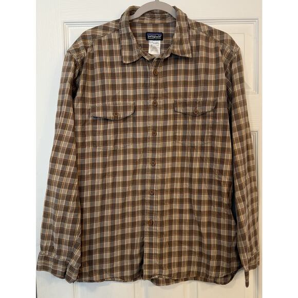 Patagonia Men's LG Brown Plaid Buckshot Shirt Soft Worn Feel Comfy Condition - Picture 2 of 14